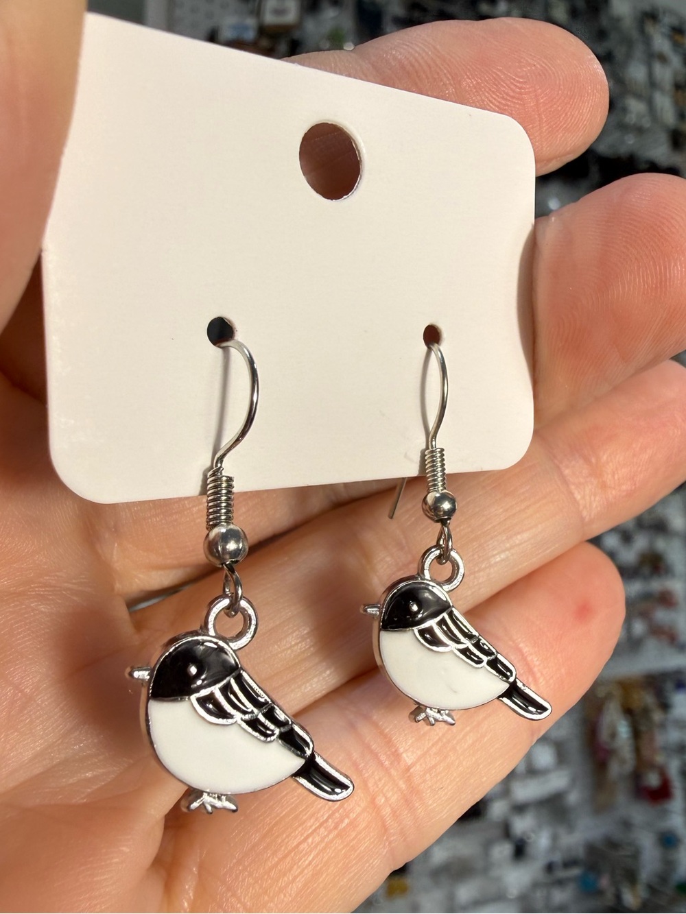 Chic Black & White Bird Drop Earrings - Cute Chickadee Design